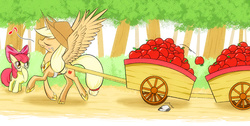 Size: 1856x933 | Tagged: safe, artist:phoenixperegrine, apple bloom, applejack, alicorn, pony, g4, alicornified, apple, applecorn, cart, food, princess applejack, princess of apples, race swap