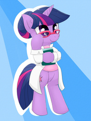 Size: 1050x1400 | Tagged: safe, artist:gamijack, twilight sparkle, pony, g4, alternate hairstyle, bipedal, book, clothes, female, glasses, hair bun, lab coat, solo