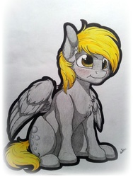 Size: 1224x1632 | Tagged: safe, artist:lupiarts, derpy hooves, pegasus, pony, g4, :t, blushing, chest fluff, cute, derpabetes, ear fluff, female, mare, nose wrinkle, sitting, solo, traditional art