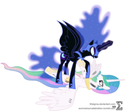 Size: 10330x9190 | Tagged: safe, artist:90sigma, nightmare moon, princess celestia, pony, g4, absurd resolution, duo, fight, glowing eyes, magic, on back, simple background, transparent background