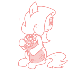 Size: 640x600 | Tagged: safe, artist:ficficponyfic, oc, oc only, oc:emerald jewel, oc:pipadeaxkor, demon, earth pony, pony, colt quest, amulet, bag, book, child, colt, foal, frown, hair over one eye, male, monochrome, sitting, solo, stealing, story included