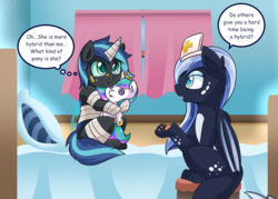 Size: 2000x1428 | Tagged: safe, artist:vavacung, princess celestia, oc, oc only, oc:young queen, bat pony, changeling, hybrid, original species, bandage, bed, female, hat, nurse, nurse hat, paw pads, paws, plushie