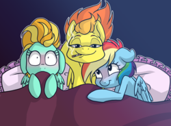 Size: 1280x944 | Tagged: safe, artist:arcadianphoenix, lightning dust, rainbow dash, spitfire, pegasus, pony, twilight sparkle's secret shipfic folder, g4, aftersex, arm behind head, bed, blushing, cigarette, cuddling, female, floppy ears, implied group sex, implied sex, implied threesome, lesbian, mare, pillow, polyamory, rainbowdustfire, ruined for marriage, ship:spitdash, shipping, smiling, smoking, snuggling, spitdust, spitfire gets all the mares