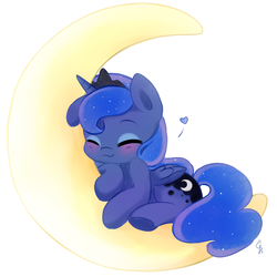 Size: 2000x2000 | Tagged: safe, artist:exceru-karina, princess luna, pony, g4, :3, blushing, cute, eyes closed, female, filly, heart, high res, lunabetes, moon, prone, sleeping, solo, tangible heavenly object, woona