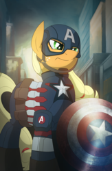 Size: 3375x5175 | Tagged: safe, artist:drawponies, applejack, g4, absurd resolution, captain america, city, clothes, crossover, female, freckles, helmet, marvel, shield, solo, superhero