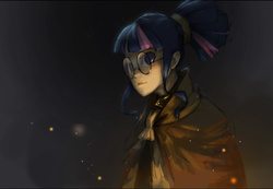 Size: 1024x710 | Tagged: safe, artist:ciyunhe, twilight sparkle, equestria girls, g4, alternate clothes, alternate hairstyle, female, fire, glasses, humanized, night, solo
