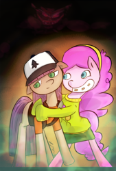 Size: 794x1172 | Tagged: safe, artist:liracrown, maud pie, pinkie pie, g4, alternate hairstyle, behind you, braces, crossover, gravity falls, happy, hug, male, monster