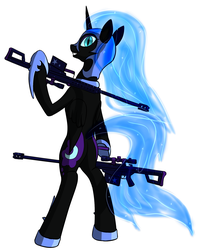 Size: 1496x1881 | Tagged: dead source, safe, artist:panzerhi, nightmare moon, pony, g4, barrett, bipedal, female, gun, m82a3, pun, rifle, solo, visual pun, weapon