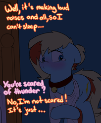 Size: 1139x1397 | Tagged: safe, artist:victoreach, oc, oc only, oc:honey wound, astraphobia, bedroom, blushing, clothes, collar, crying, cute, fear, night, pouting, solo, storm