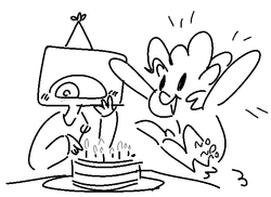 Size: 647x470 | Tagged: safe, artist:nobody, pinkie pie, oc, oc:nobby, g4, birthday, birthday cake, blushing, cake, food, hat, monochrome, party hat, sketch