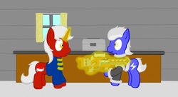 Size: 1280x694 | Tagged: safe, artist:minty candy, oc, oc only, oc:serene steel, oc:static charge, earth pony, pony, unicorn, fallout equestria, fallout equestria: empty quiver, case, clothes, gauss rifle, indoors, magic, table, telekinesis, workshop