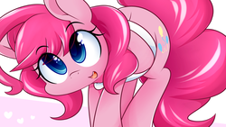 Size: 1920x1080 | Tagged: safe, artist:dshou, pinkie pie, earth pony, pony, alternate hairstyle, apron, clothes, colored pupils, cute, diapinkes, eye clipping through hair, female, heart, looking at you, looking up, mare, open mouth, simple background, smiling, solo, weapons-grade cute, white background, yet another pinkie blog