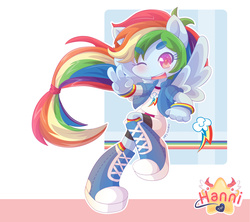 Size: 3096x2755 | Tagged: safe, artist:hanni-tan, rainbow dash, equestria girls, g4, boots, chibi, clothes, compression shorts, cute, dashabetes, female, high res, open mouth, peace sign, ponied up, raised leg, solo, wink, wristband