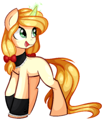 Size: 548x604 | Tagged: safe, artist:daydreamsyndrom, oc, oc only, oc:vive, bow, cuffs (clothes), glowing horn, hair bow, horn, magic, missing cutie mark, pixel art, simple background, solo, transparent background
