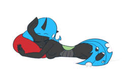 Size: 1009x569 | Tagged: safe, artist:dativyrose, oc, oc only, oc:vassil, changeling, changeling queen, anthro, changeling queen oc, female, pillow, sleeping, solo