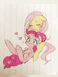 Size: 768x1024 | Tagged: safe, artist:yukutamil, fluttershy, pinkie pie, g4, blushing, drawing, female, lesbian, ship:flutterpie, shipping