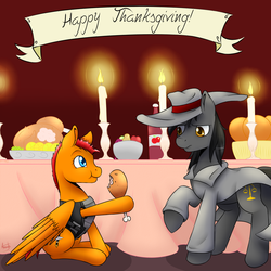 Size: 1024x1024 | Tagged: safe, artist:akashasi, oc, oc only, oc:hard boiled, oc:swift cuddles, turkey, fanfic:starlight over detrot: a noir tale, cooked, dead, fanfic art, food, ponies eating meat, thanksgiving