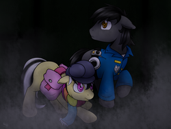 Size: 900x675 | Tagged: safe, artist:akashasi, oc, oc only, oc:hard boiled, oc:sweet shine, fanfic:starlight over detrot: a noir tale, clothes, costume, fanfic art, foal, nightmare night, nightmare night costume, police uniform