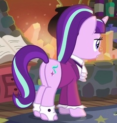 Size: 420x442 | Tagged: safe, screencap, snowfall frost, starlight glimmer, pony, a hearth's warming tail, g4, butt, clothes, cropped, female, glimmer glutes, mare, plot