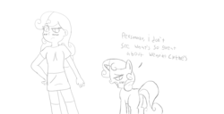 Size: 1600x817 | Tagged: safe, artist:totalspazz, sweetie belle, human, g4, blushing, clothes, dialogue, female, human ponidox, humanized, monochrome, sketch, solo