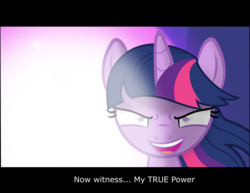 Size: 1920x1486 | Tagged: safe, artist:sollace, twilight sparkle, pony, g4, badass, caption, evil twilight, female, letterboxing, magic, open mouth, show accurate, solo, unleash the magic, vector, widescreen