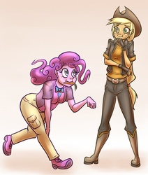 Size: 824x970 | Tagged: safe, artist:countaile, applejack, pinkie pie, human, g4, boots, bowtie, cargo pants, carrot, clothes, food, hat, humanized, pants, pony coloring, smiling