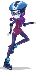 Size: 817x1355 | Tagged: safe, artist:airiana45, rarity, equestria girls, friendship games, g4, alternate hairstyle, alternate universe, clothes, crystal prep academy, elbow pads, female, fingerless gloves, gloves, goggles, helmet, outfit, roller skates, rollerblades, simple background, solo, speed skating, transparent background