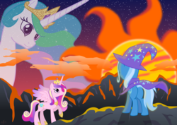 Size: 4961x3508 | Tagged: safe, artist:christhes, princess cadance, princess celestia, trixie, alicorn, pony, unicorn, g4, absurd resolution, butt, cover, female, mare, plot, star mares, star wars, sun