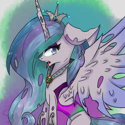 Size: 1400x1400 | Tagged: safe, artist:cheetospony, princess celestia, queen chrysalis, alicorn, changeling, changeling queen, pony, g4, changelingified, crown, drool, female, fusion, jewelry, open mouth, princess chryslestia, regalia, solo, species swap, tongue out