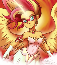 Size: 1305x1480 | Tagged: dead source, safe, artist:gabbslines, sunset shimmer, equestria girls, g4, my little pony equestria girls: friendship games, artificial wings, augmented, belly button, breasts, busty sunset shimmer, cleavage, clothes, daydream shimmer, dress, face paint, featured image, female, glowing horn, horn, jewelry, looking at you, magic, magic wings, necklace, pendant, sexy, signature, solo, spread wings, wings