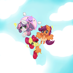 Size: 1000x1000 | Tagged: safe, artist:moondreamer16, apple bloom, scootaloo, sweetie belle, earth pony, anthro, g4, :|, adorabloom, blush sticker, blushing, chibi, clothes, cloud, covering, cute, cutealoo, cutie mark crusaders, diasweetes, dress, embarrassed, exclamation point, floating wings, flying, open mouth, question mark, sky, smiling, spread wings, umbrella, wavy mouth, wide eyes