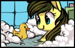 Size: 1441x935 | Tagged: safe, artist:starshinebeast, oc, oc only, oc:nemsee, pegasus, pony, bath, bubble, female, mare, rubber duck, sketch, solo