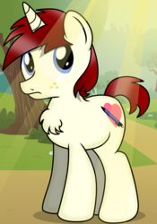 Size: 2100x3000 | Tagged: safe, artist:an-tonio, artist:pananovich, oc, oc only, oc:silver draw, pony, unicorn, chest fluff, female to male, frown, high res, horn, male, rule 63, solo, stallion