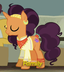 Size: 478x530 | Tagged: safe, screencap, coriander cumin, saffron masala, pony, g4, spice up your life, animated, blinking, cute, discovery family logo, ear piercing, earring, hnnng, indian, indian pony, jewelry, piercing, raised hoof, saffronbetes, smiling, the tasty treat