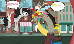 Size: 1173x701 | Tagged: safe, artist:obeliskgirljohanny, discord, oc, oc:seraphim cyanne, draconequus, pony, unicorn, g4, angry, base used, collaboration, glasses, glasses off, male, manehattan, prehensile tail, tail hold, unamused