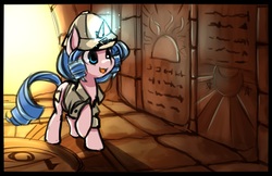 Size: 1224x792 | Tagged: safe, artist:starshinebeast, oc, oc only, oc:opuscule antiquity, pony, unicorn, adventure, clothes, explorer outfit, female, mare, sketch, solo