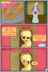 Size: 3254x4837 | Tagged: safe, artist:gutovi, applejack, earth pony, pony, comic:why me!?, g4, apple fritter (food), comic, food, high res, implied rainbow dash, soda