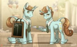 Size: 1024x626 | Tagged: safe, artist:inuhoshi-to-darkpen, beyond (g4), infinity (g4), g4, trade ya!, bioshock, bioshock infinite, chalkboard, coin, duo, looking at you, lutece twins, necktie, patreon, patreon logo, ponified, robert lutece, rosalind lutece, signature, tally marks, tray, twins, unshorn fetlocks