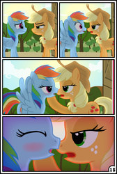 Size: 3254x4837 | Tagged: safe, artist:gutovi, applejack, rainbow dash, pony, comic:why me!?, g4, applejack's eyebrow, bedroom eyes, blushing, comic, female, high res, imminent kissing, lesbian, ship:appledash, shipping, spread wings, wingboner