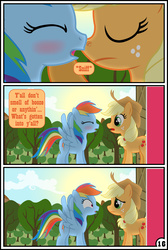 Size: 3254x4837 | Tagged: safe, artist:gutovi, applejack, rainbow dash, pony, comic:why me!?, g4, bedroom eyes, blushing, comic, female, high res, kissing, lesbian, ship:appledash, shipping, shipping denied, sniffing, spread wings, wingboner