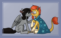 Size: 1268x796 | Tagged: safe, artist:enma-darei, sunburst, oc, oc:mortimer hooves, pegasus, pony, unicorn, g4, blushing, boop, canon x oc, eye contact, gay, glasses, looking at each other, male, noseboop, shipping, sitting, stallion