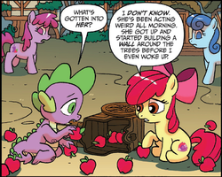 Size: 812x648 | Tagged: safe, artist:tony fleecs, idw, official comic, apple bloom, berry punch, berryshine, spike, dragon, earth pony, pony, g4, ponies of dark water, spoiler:comic, spoiler:comic43, apple, applegekko, cropped, cutie mark, donaldjack, female, filly, foal, food, male, mare, speech bubble, the cmc's cutie marks