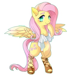 Size: 2000x2000 | Tagged: safe, artist:zakro, fluttershy, pony, g4, bipedal, clothes, dress, female, high res, hoof sandals, hooves, sandals, simple background, solo, spread wings