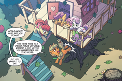 Size: 1307x873 | Tagged: safe, artist:tonyfleecs, idw, official comic, apple bloom, scootaloo, spike, sweetie belle, dragon, earth pony, pegasus, pony, unicorn, g4, ponies of dark water, spoiler:comic, spoiler:comic43, clubhouse, cropped, crusaders clubhouse, cutie mark, cutie mark crusaders, donaldjack, female, filly, foal, high angle, male, mare, speech bubble, the cmc's cutie marks