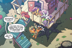 Size: 1307x873 | Tagged: safe, artist:tony fleecs, idw, official comic, apple bloom, scootaloo, spike, sweetie belle, dragon, earth pony, pegasus, pony, unicorn, g4, ponies of dark water, spoiler:comic, spoiler:comic43, clubhouse, cropped, crusaders clubhouse, cutie mark, cutie mark crusaders, donaldjack, female, filly, foal, high angle, male, mare, speech bubble, the cmc's cutie marks