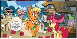 Size: 1187x600 | Tagged: safe, artist:tonyfleecs, idw, official comic, apple bloom, applejack, marian, nosey news, praiser pan, quill (character), spike, dragon, earth pony, pony, unicorn, g4, ponies of dark water, spoiler:comic, spoiler:comic43, apple, applegekko, cropped, cutie mark, donaldjack, female, filly, foal, food, male, mare, raised hoof, speech bubble, stallion, the cmc's cutie marks