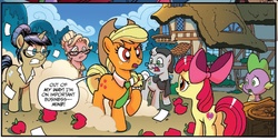 Size: 1187x600 | Tagged: safe, artist:tony fleecs, idw, official comic, apple bloom, applejack, marian, nosey news, praiser pan, quill (g4), spike, dragon, earth pony, pony, unicorn, friendship is magic #43, g4, ponies of dark water, spoiler:comic, apple, applegekko, cropped, cutie mark, donaldjack, female, filly, foal, food, male, mare, raised hoof, speech bubble, stallion, the cmc's cutie marks