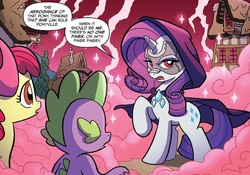 Size: 1345x944 | Tagged: safe, artist:tonyfleecs, idw, official comic, apple bloom, rarity, spike, dragon, earth pony, pony, unicorn, g4, ponies of dark water, spoiler:comic, spoiler:comic43, clothes, cropped, doctor doom, doctor doomity, evil, female, filly, foal, hood, iron mask, male, mare, mask, raised hoof, red sky, robe, speech bubble