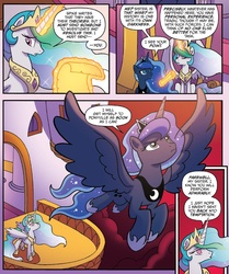 Size: 1340x1605 | Tagged: safe, artist:tony fleecs, idw, official comic, princess celestia, princess luna, alicorn, pony, g4, ponies of dark water, spoiler:comic, spoiler:comic43, balcony, canterlot castle, comic, cropped, duo, ethereal mane, female, foreshadowing, magic, magic aura, mare, royal sisters, sisters, speech bubble, starry mane, telekinesis