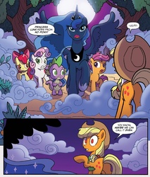 Size: 1339x1575 | Tagged: safe, artist:tonyfleecs, idw, official comic, apple bloom, applejack, princess luna, scootaloo, spike, sweetie belle, alicorn, dragon, earth pony, pegasus, pony, unicorn, g4, ponies of dark water, spoiler:comic, spoiler:comic43, comic, cropped, cutie mark crusaders, donaldjack, ethereal mane, female, filly, foal, male, mare, night, speech bubble, spread wings, wings